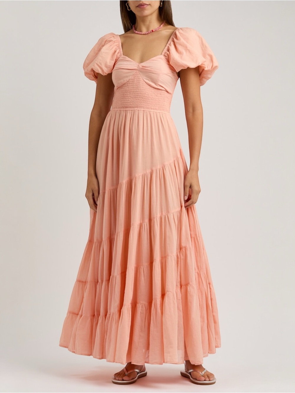 Free People Peach Puff-Sleeve Smocked Maxi Dress Size Small